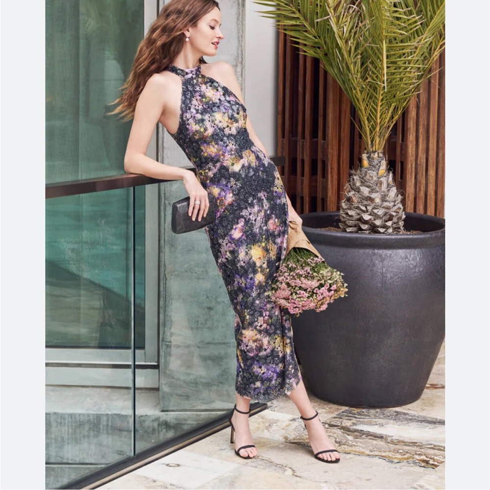 ML Monique Lhuillier Leaha Floral Lace Midi Cocktail Dress Iris Blur Size 4 NWT